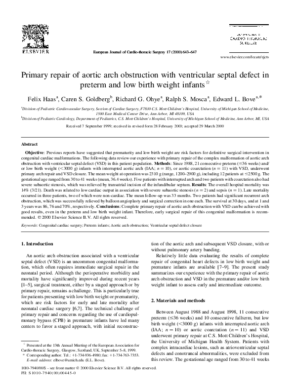 (PDF) Primary repair of aortic arch obstruction with ventricular septal