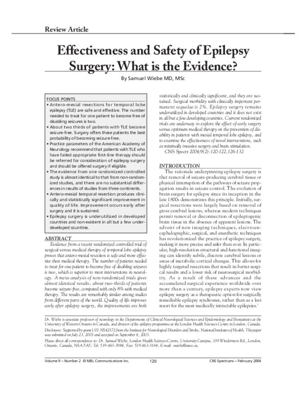 (PDF) Effectiveness and safety of epilepsy surgery: what is the evidence?
