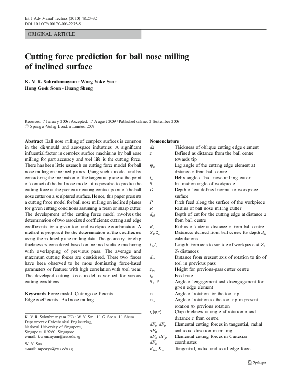(PDF) Cutting force prediction for ball nose milling of inclined surface