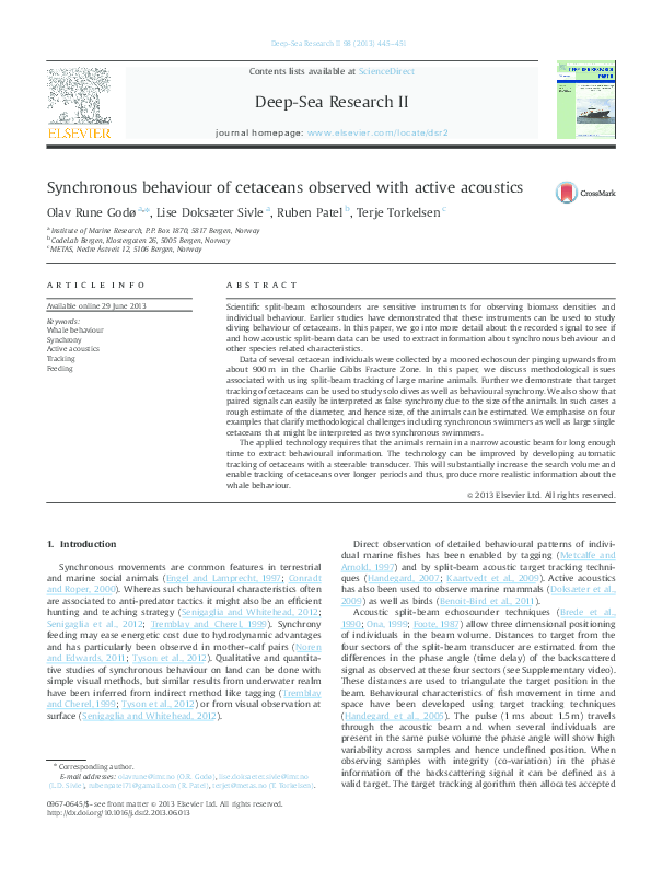 (PDF) Synchronous behaviour of cetaceans observed with active acoustics