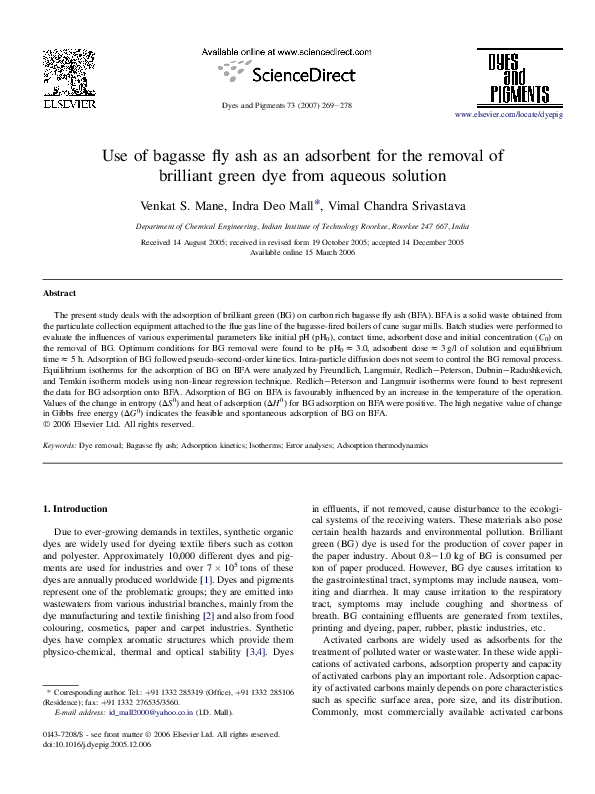 (PDF) Use of bagasse fly ash as an adsorbent for the removal of ...