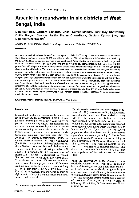 (PDF) Arsenic in groundwater in six districts of West Bengal, India