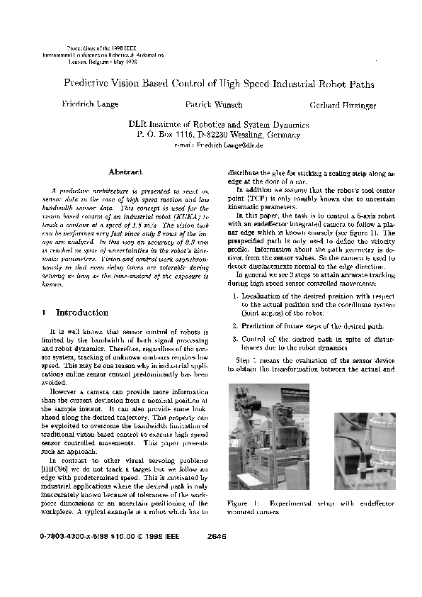 (PDF) Predictive Vision Based Control of High Speed Industrial Robot Paths