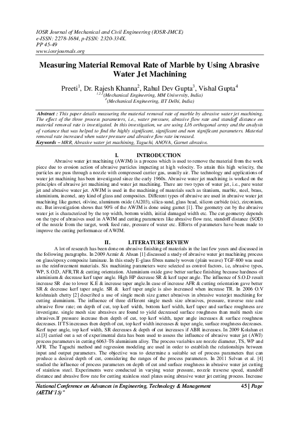 (PDF) Measuring Material Removal Rate of Marble by Using Abrasive Water Jet Machining Munjal