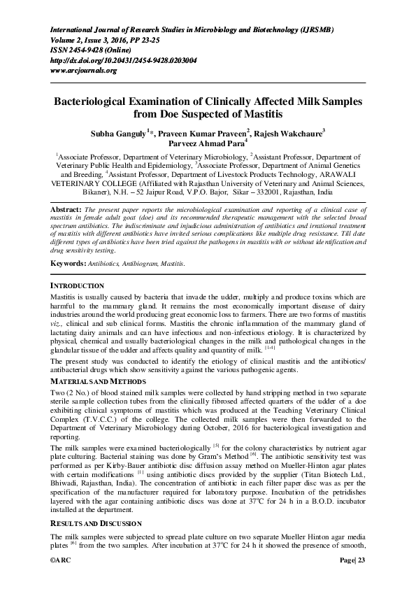 (PDF) Bacteriological Examination of Clinically Affected Milk Samples