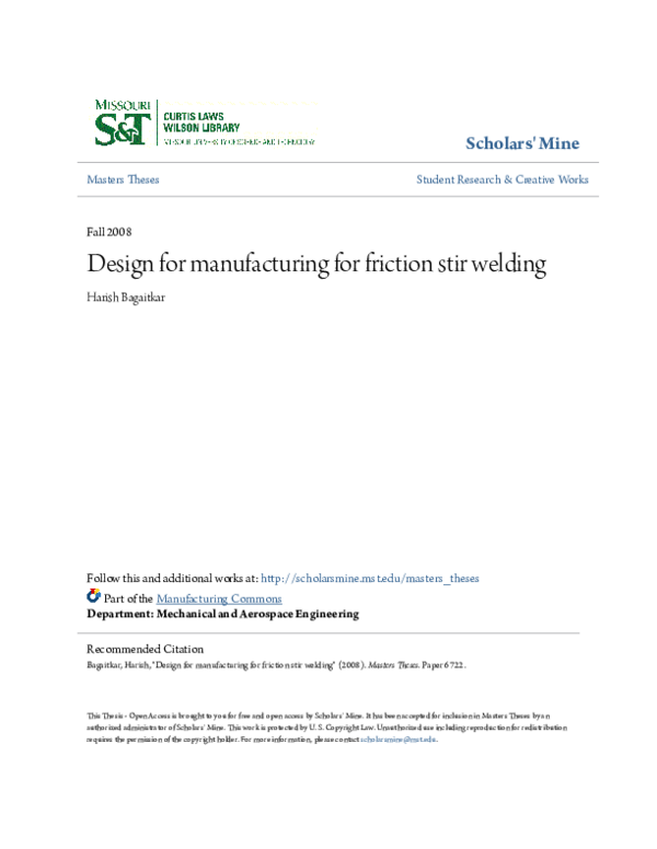 (PDF) DESIGN FOR MANUFACTURING FOR FRICTION STIR WELDING