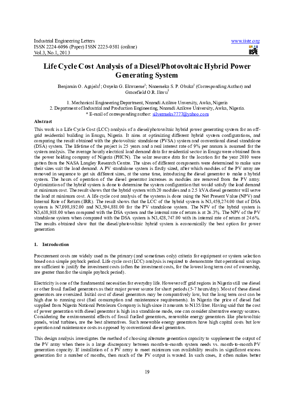 (PDF) Life Cycle Cost Analysis of a Diesel/Photovoltaic Hybrid Power ...