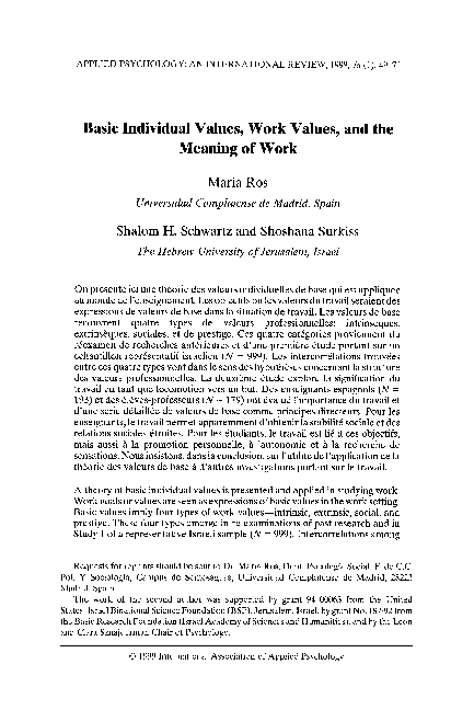 (PDF) Basic Individual Values, Work Values, and the Meaning of Work