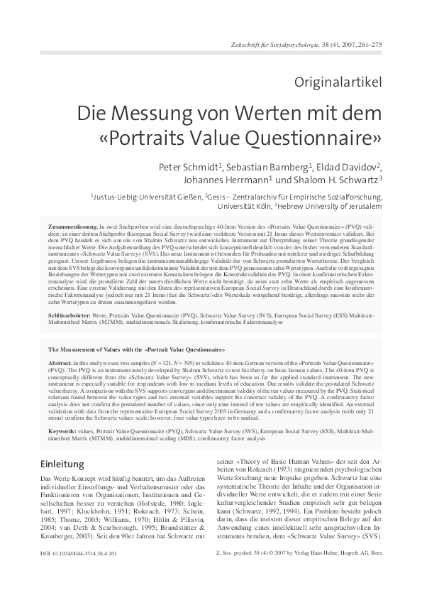 (PDF) Die Messung von Werten mit dem “Portraits Value Questionnaire”