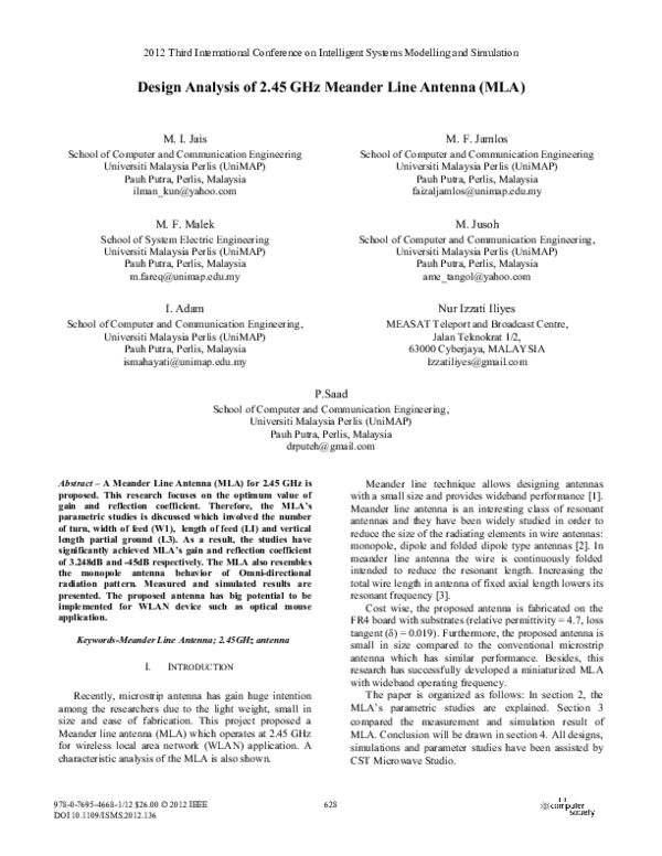 (PDF) Design Analysis of 2.45 GHz Meander Line Antenna (MLA
