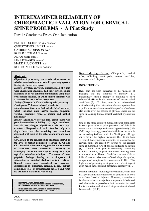 (PDF) INTEREXAMINER RELIABILITY OF CHIROPRACTIC EVALUATION FOR CERVICAL ...