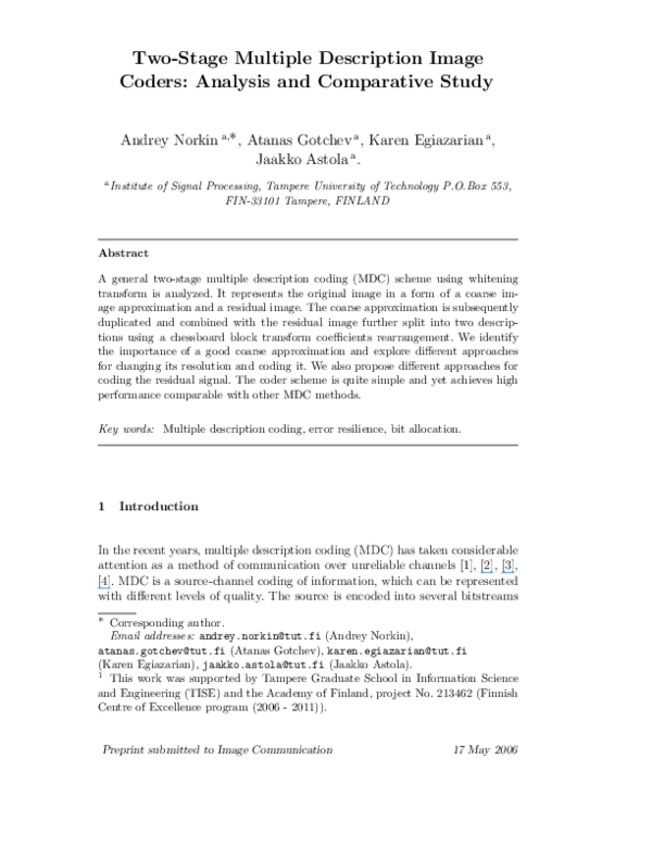 (PDF) Two-stage multiple description image coders: Analysis and ...