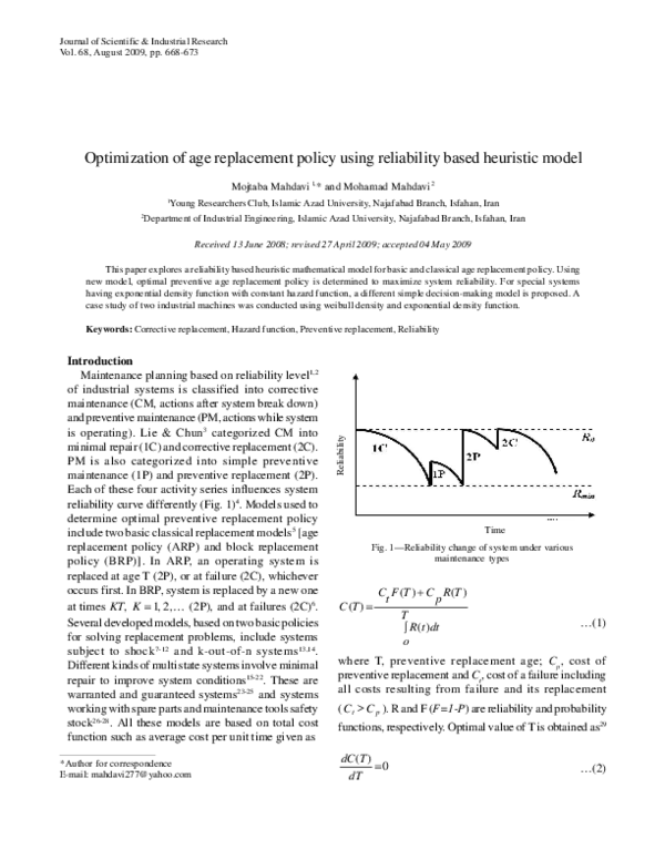 (PDF) Optimization of age replacement policy using reliability based ...