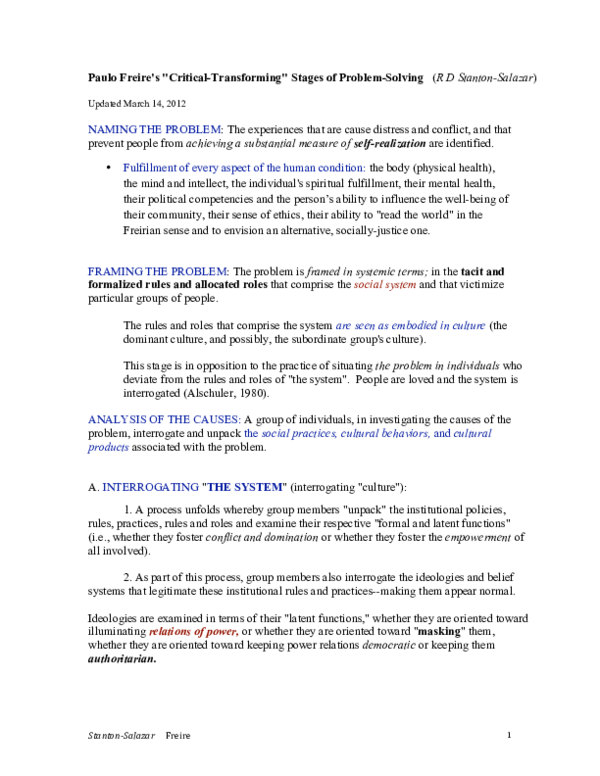 (PDF) Paulo Freire's "Critical-Transforming Stages of Problem-Solving”