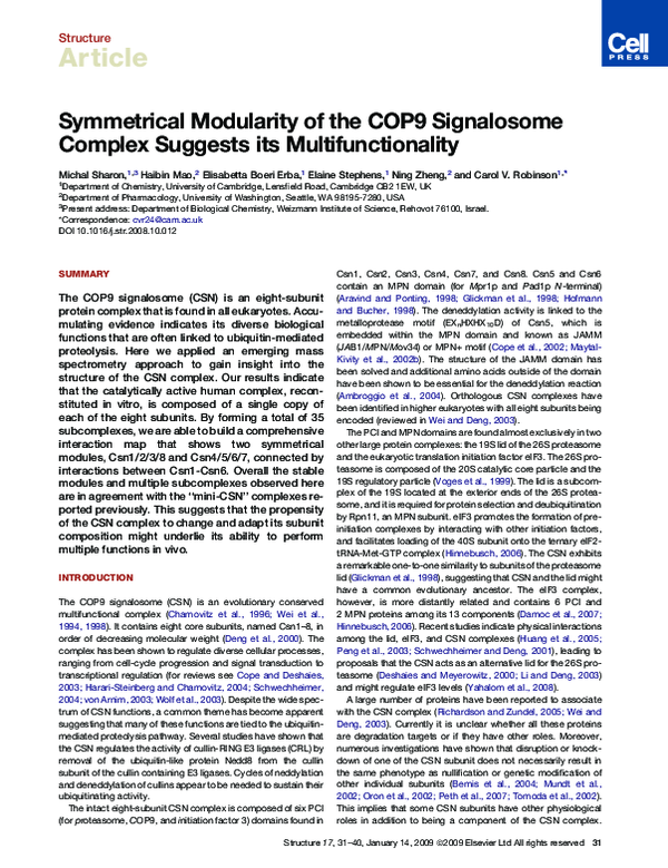 (PDF) Symmetrical Modularity of the COP9 Signalosome Complex Suggests ...