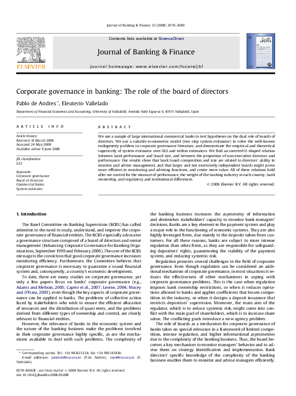 (PDF) Corporate governance in banking: the role of the board of directors