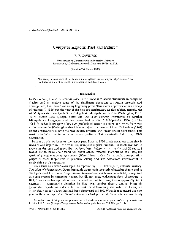 (PDF) Computer Algebra: Past and Future