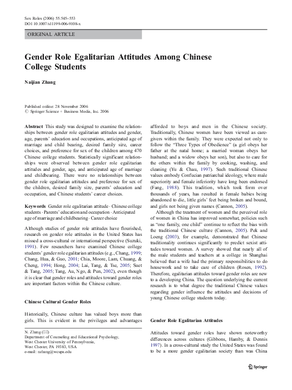 (PDF) Gender Role Egalitarian Attitudes Among Chinese College Students