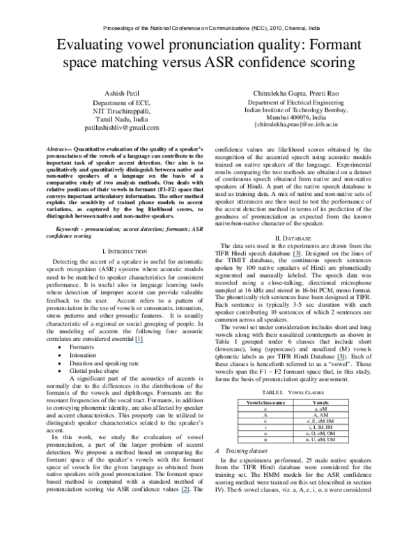 (PDF) Evaluating vowel pronunciation quality Formant space matching