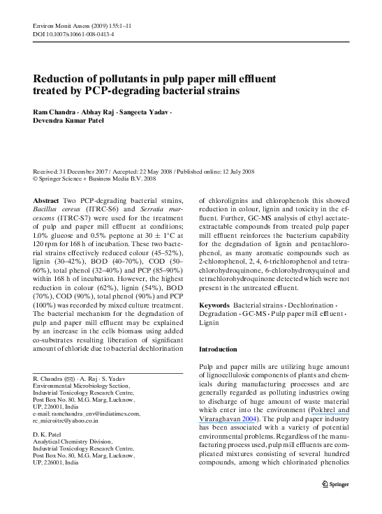 (PDF) Reduction of pollutants in pulp paper mill effluent treated by ...