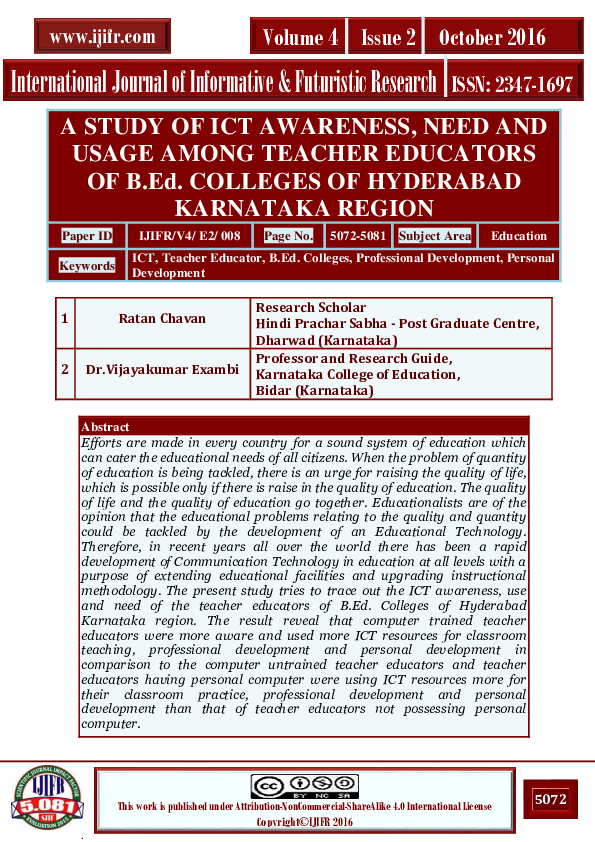 (PDF) A STUDY OF ICT AWARENESS, NEED AND USAGE AMONG TEACHER EDUCATORS ...
