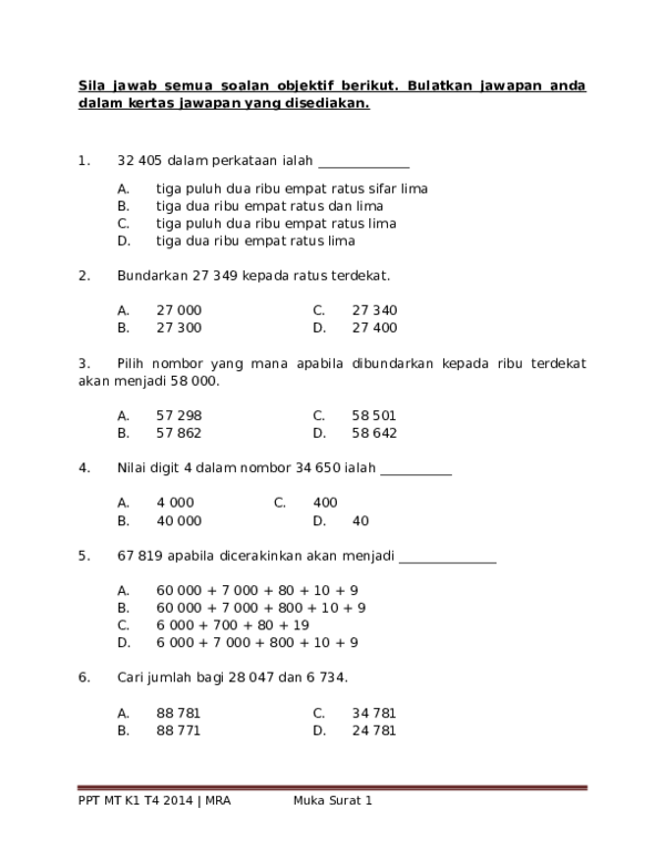 (DOC) Soalan MT Tahun 4 K1 KSSR  PPT  suhana ibrahim  Academia.edu