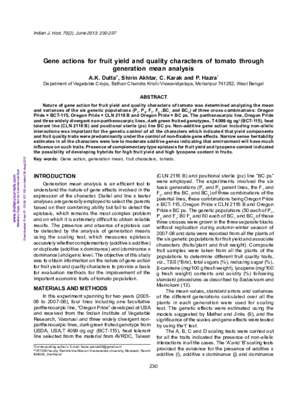 (PDF) Gene actions for fruit yield and quality characters of tomato ...