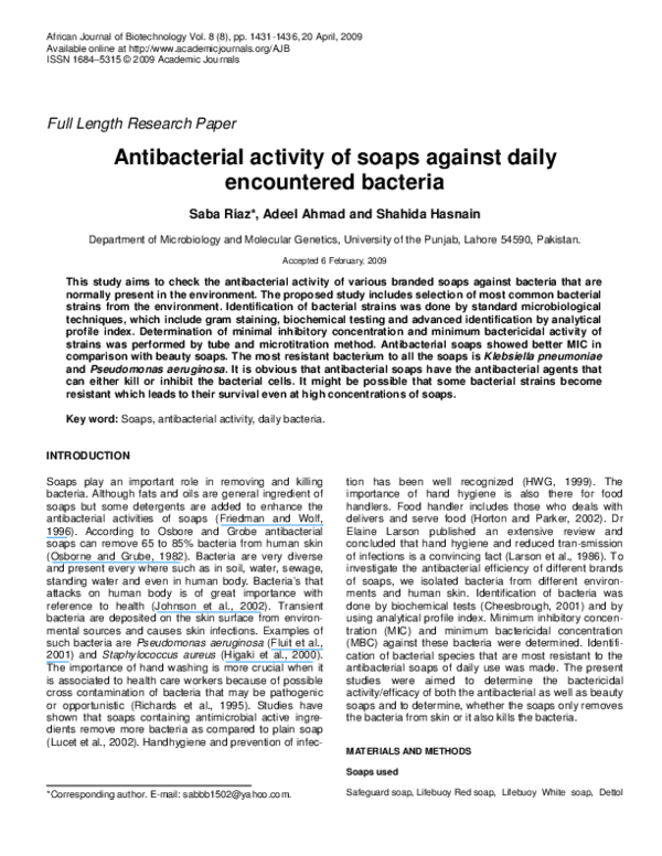 (PDF) Antibacterial Activity of Soaps Against Daily Encountered