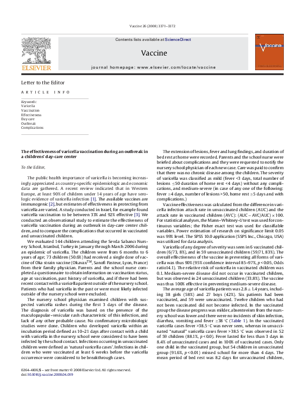 (PDF) The effectiveness of varicella vaccination during an outbreak in ...