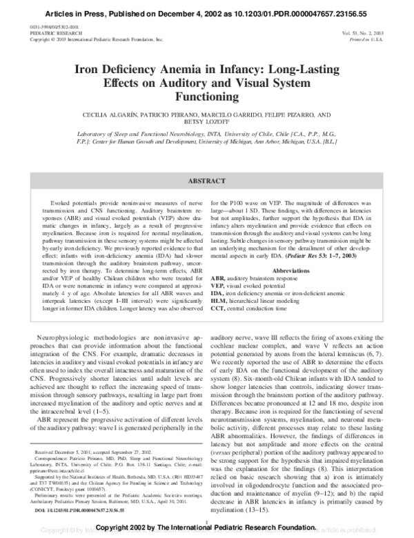 (PDF) Iron Deficiency Anemia in Infancy LongLasting Effects on