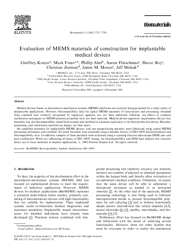(PDF) Evaluation of MEMS materials of construction for implantable