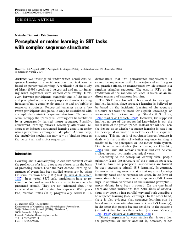 (PDF) Perceptual or motor learning in SRT tasks with complex sequence ...