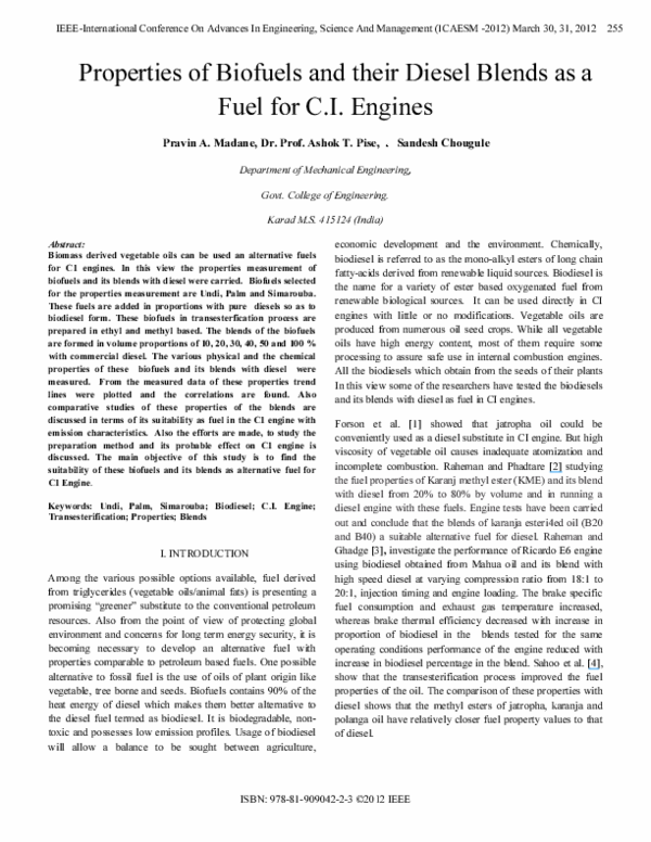 (PDF) Properties of biofuels and their diesel blends as a fuel for C.I ...