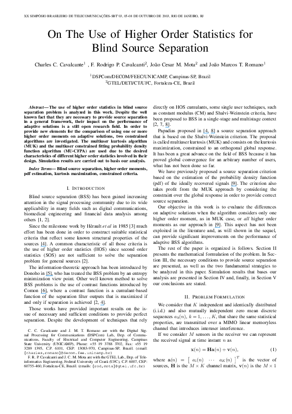 (PDF) On The Use of Higher Order Statistics for Blind Source Separation