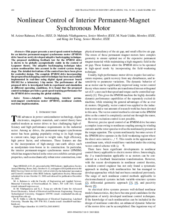 (PDF) Nonlinear control of interior permanent-magnet synchronous motor