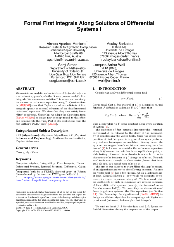 (PDF) Formal first integrals along solutions of differential systems I