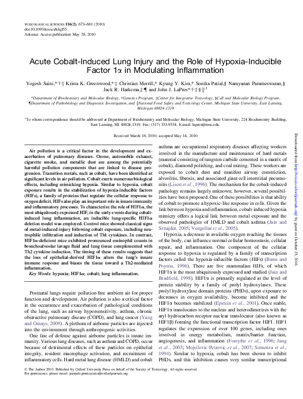 (PDF) Acute Cobalt-Induced Lung Injury and the Role of Hypoxia ...