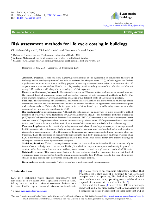 (PDF) RISK ASSESSMENT METHODS FOR LIFE CYCLE COSTING IN BUILDINGS