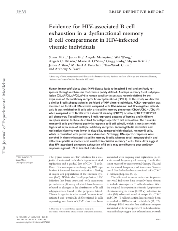 (PDF) Evidence for HIV-associated B cell exhaustion in a dysfunctional ...