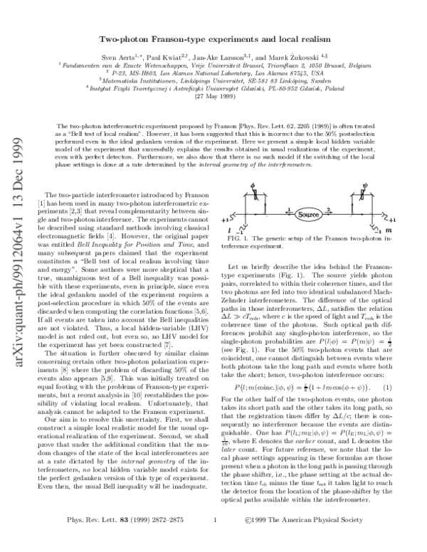 (PDF) Two-Photon Franson-Type Experiments and Local Realism