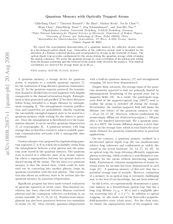 (PDF) Quantum memory with optically trapped atoms