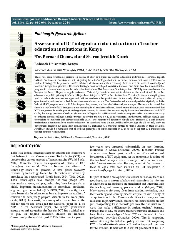 (PDF) Assessment of ICT integration into instruction in Teacher ...