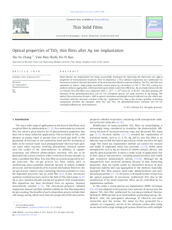 (PDF) Optical properties of TiO 2 thin films after Ag ion implantation