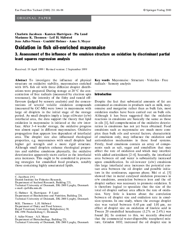 (PDF) Oxidation in fish oil-enriched mayonnaise3. Assessment of the ...