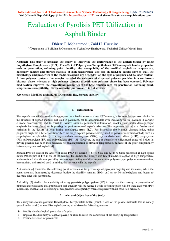 (PDF) Evaluation of Pyrolisis PET Utilization in Asphalt Binder