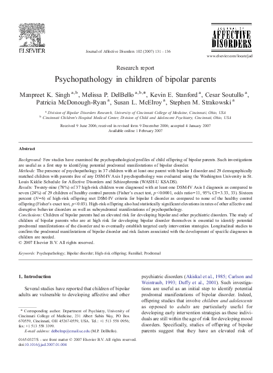 (PDF) Psychopathology in children of bipolar parents