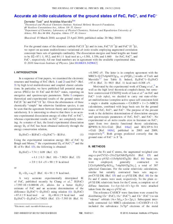 (PDF) Accurate ab initio calculations of the ground states of FeC, FeC+ ...