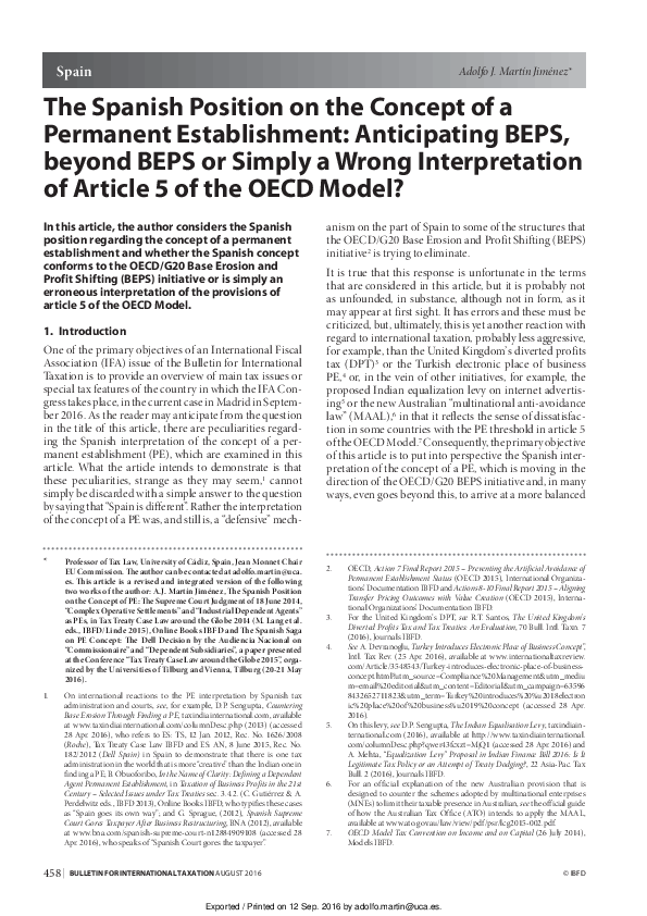 (PDF) The Spanish Position on the Concept of a Permanent Establishment ...