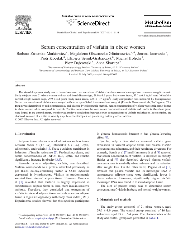 (PDF) Serum concentration of visfatin in obese women