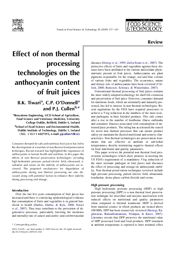 (PDF) Effect of non thermal processing technologies on the anthocyanin ...